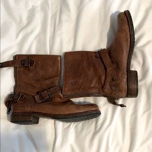 Distressed Frye Co. ankle boots.